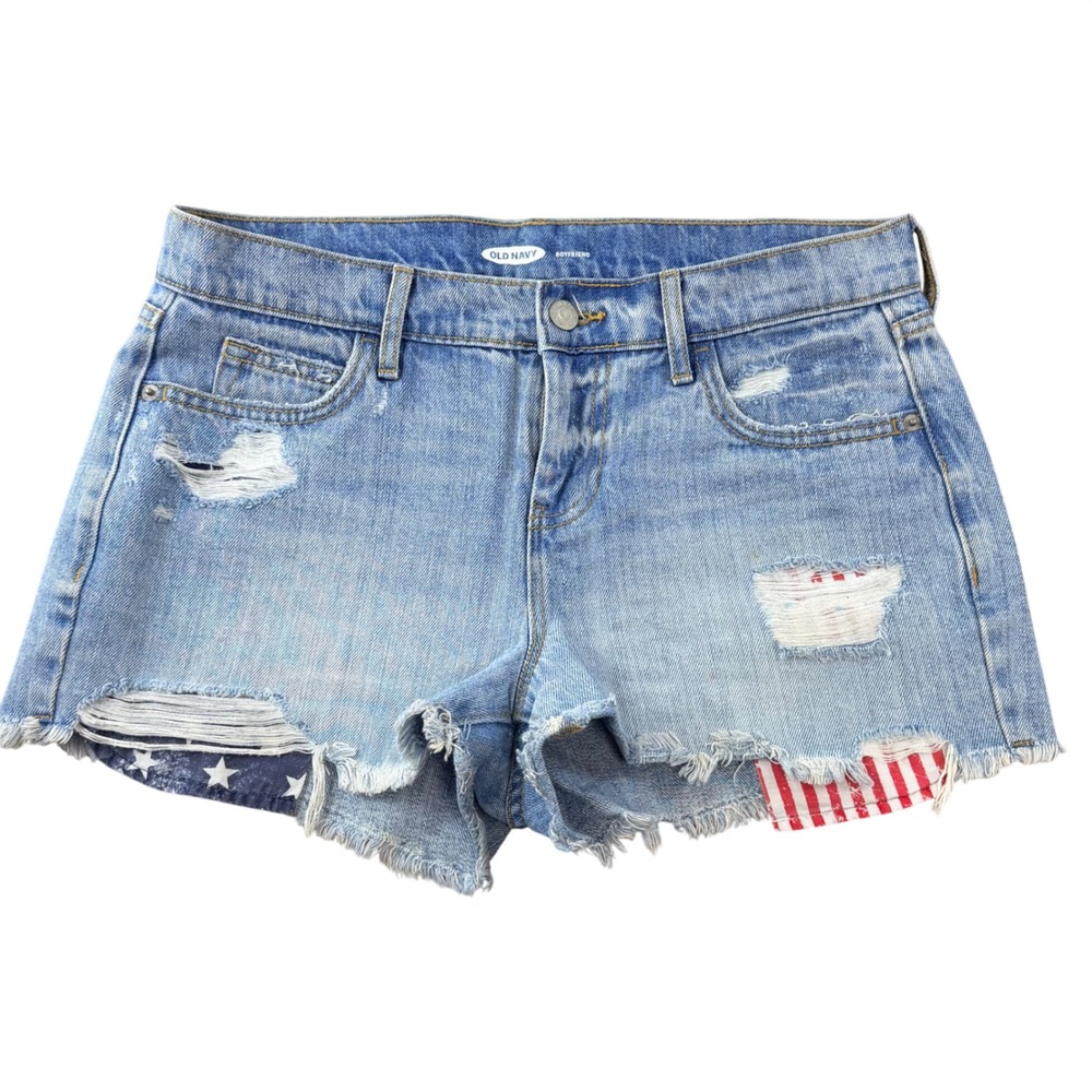 Old Navy Boyfriend Denim Shorts 2 Distressed USA Flag Patch Frayed Hem Americana
